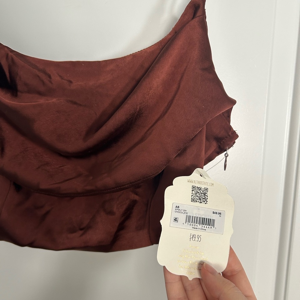 Altar’d State Kinaly Satin Cowl Neck Brown Crop Top - Picture 2 of 3